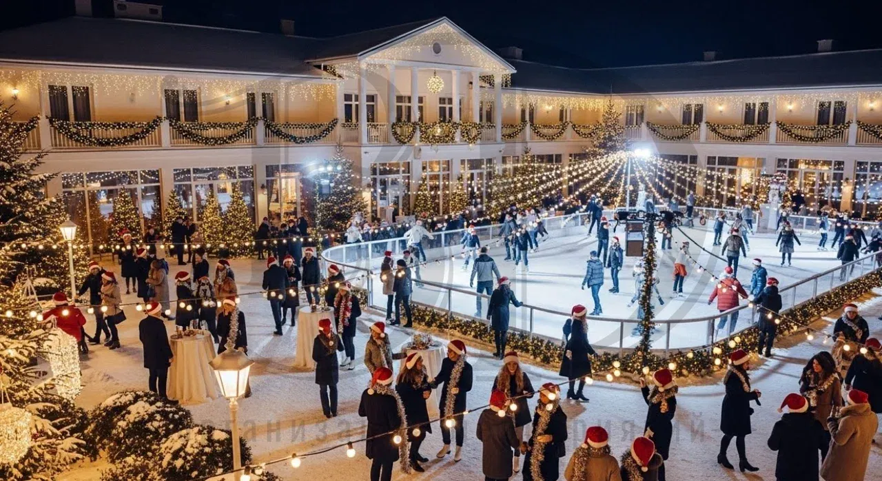 Участники выездного новогоднего корпоратива на открытой территории отеля