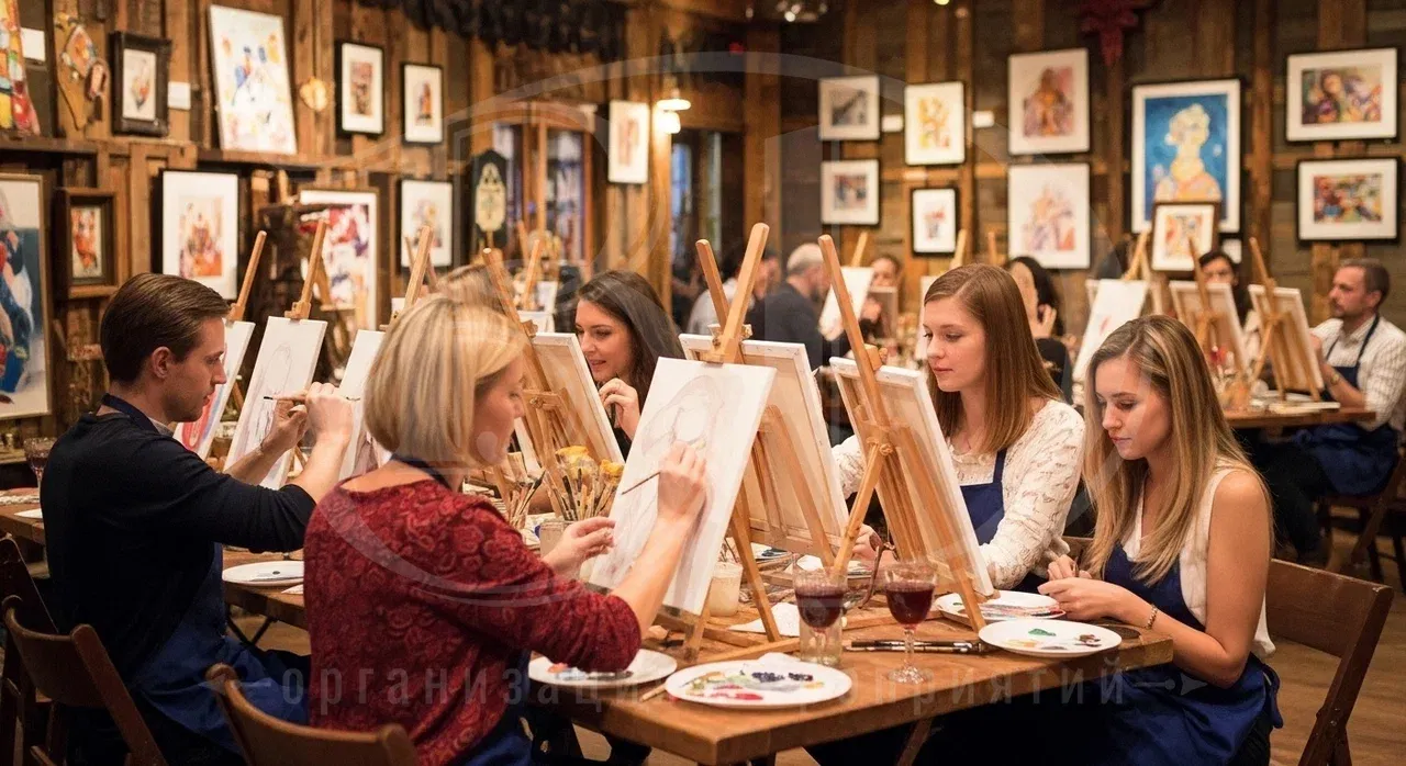 Рисовать картины на вечеринке можно в разных локациях: рестораны, студии, лофты и пр.