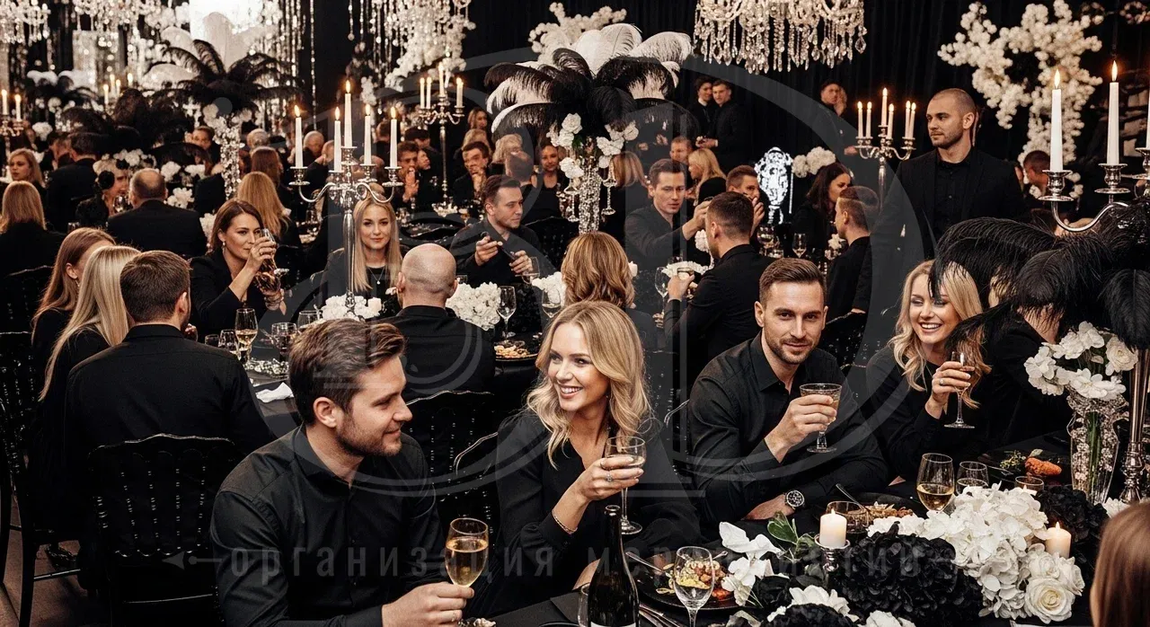 Вечеринка в чёрном цвете: гости в отличном настроении