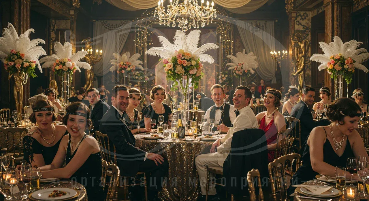 Вечеринка в стиле Гэтсби: застолье празднующих в образах Америки 20-х