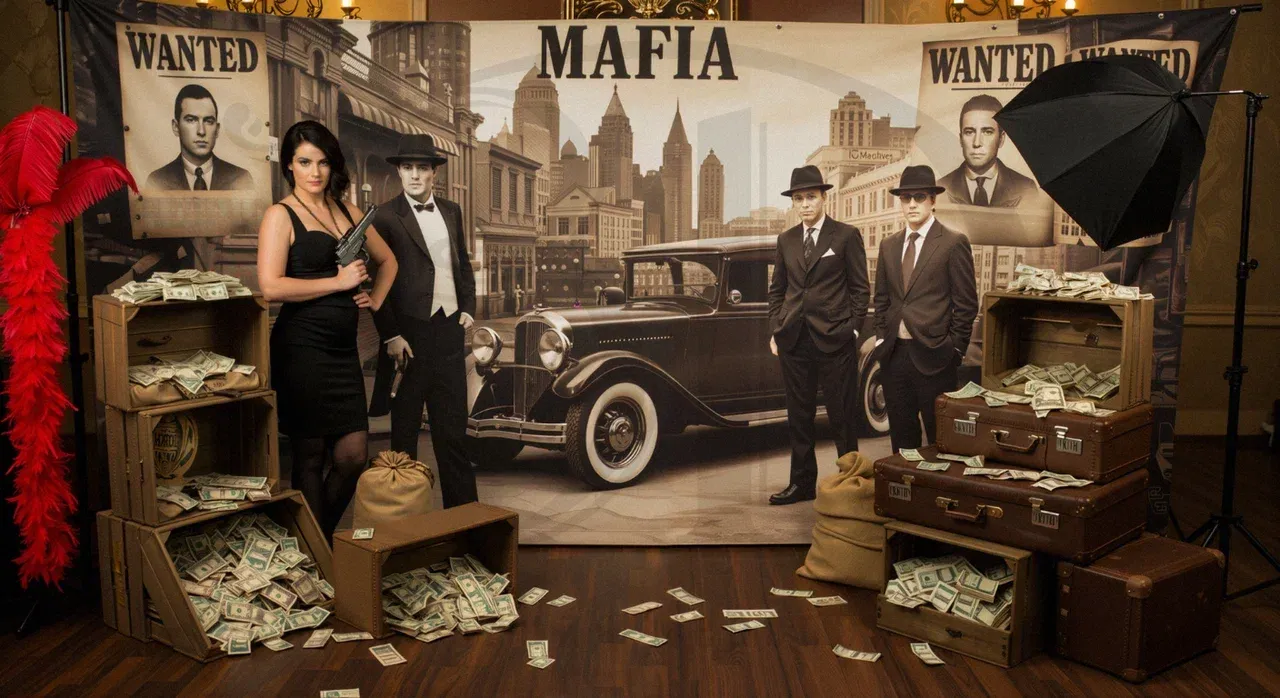 Фотозона на тематической вечеринки сицилийской мафии