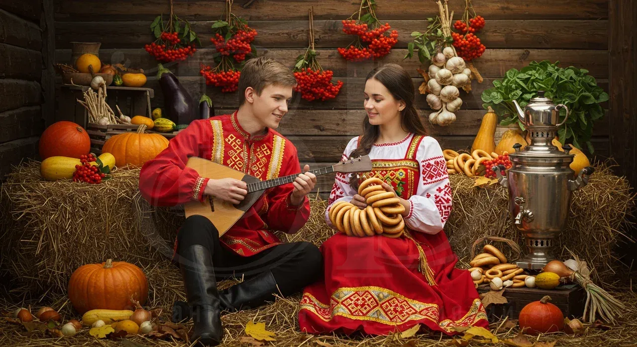 Кадр в фотозоне на вечеринке в стиле русских сказок