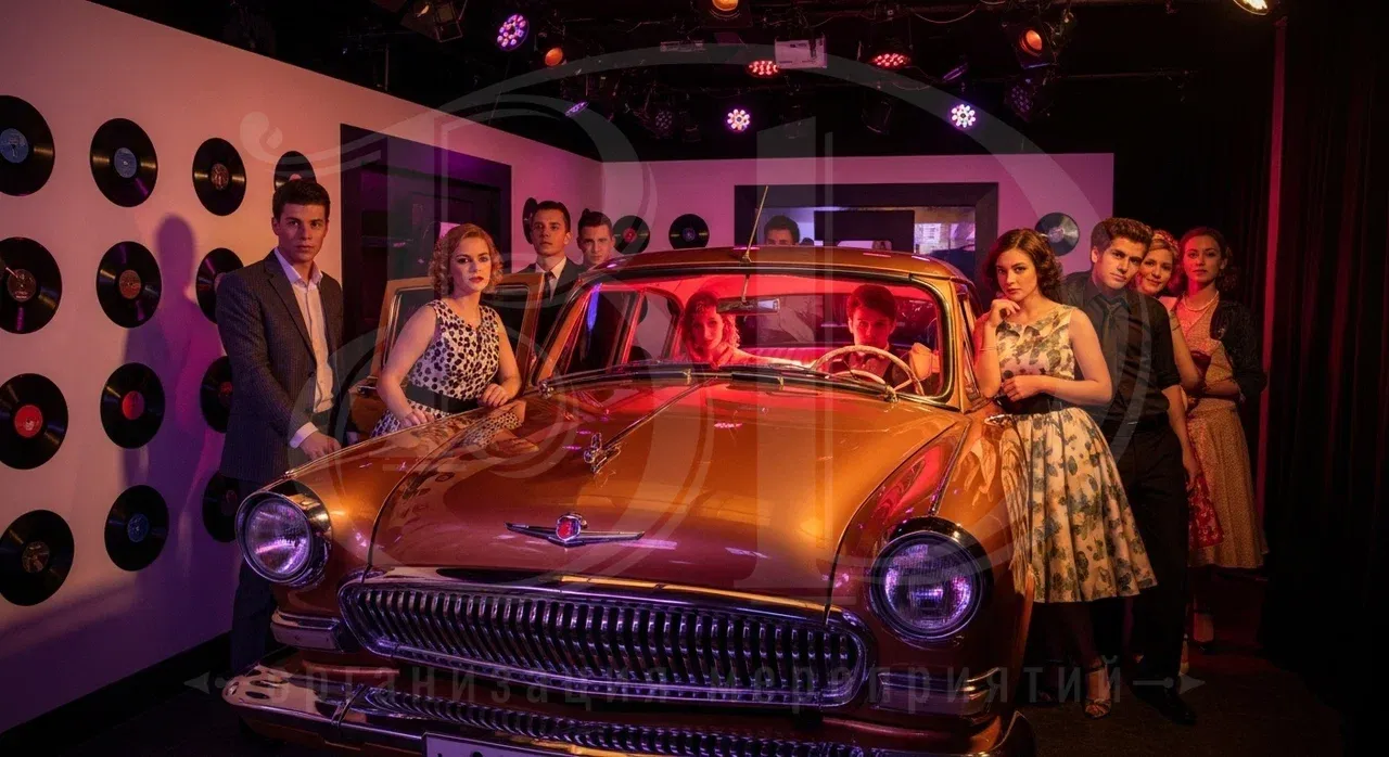 Вечеринка стиляг: гости мероприятия в общем кадре кинооператора